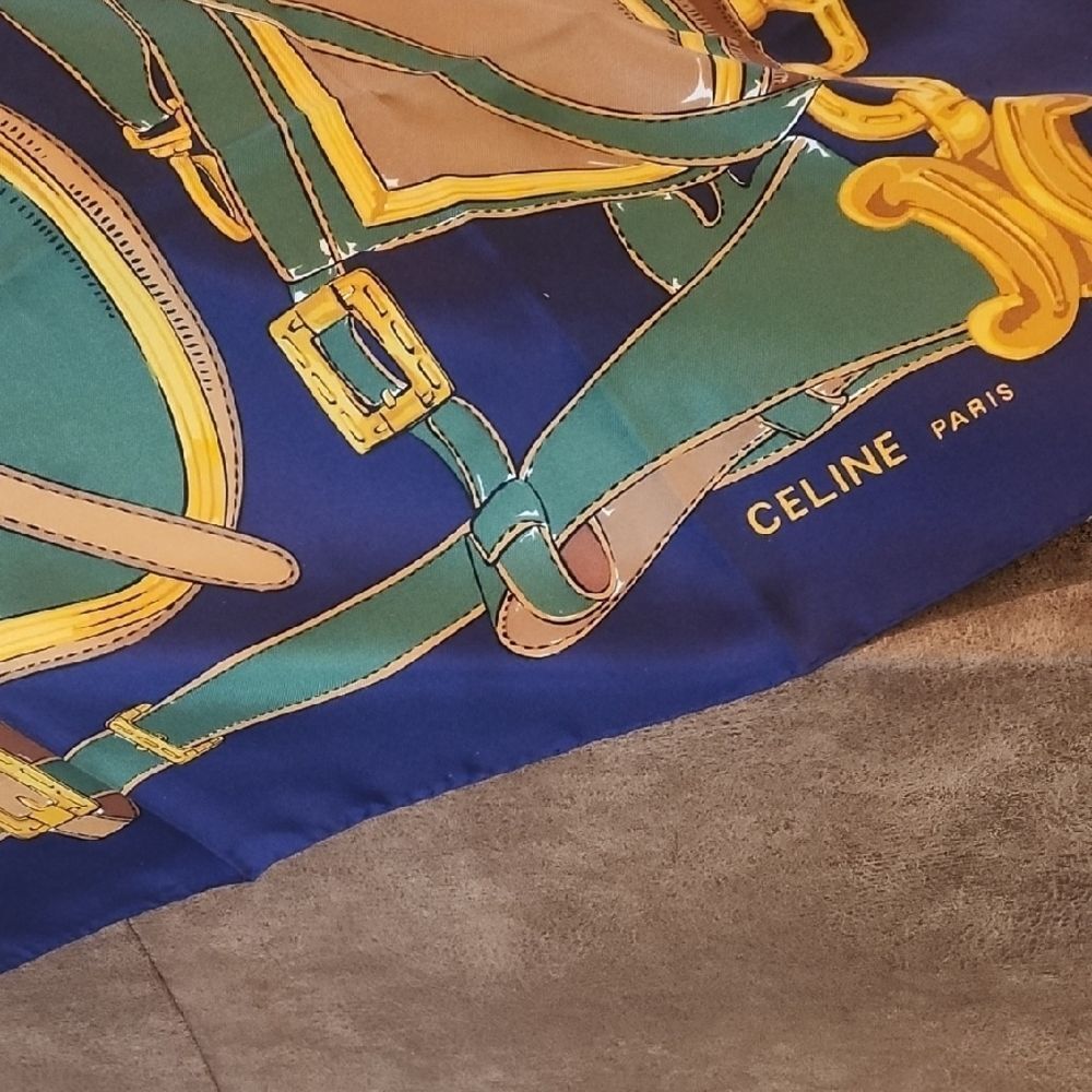 Celine Saddle Motif Scarf in Blue and Gold - Picture 2 of 7